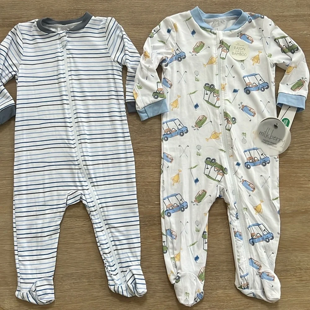 Milkberry set of 2 Baby Boy Bamboo Footie Sleepers 0-3 months Golf